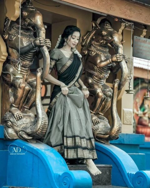 Glamorous Grey Kanjivaram Silk Half Saree Set with Designer Banarasi Dupatta Half Saree Lehenga