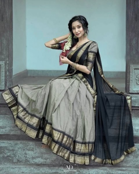 Glamorous Grey Kanjivaram Silk Half Saree Set with Designer Banarasi Dupatta Half Saree Lehenga