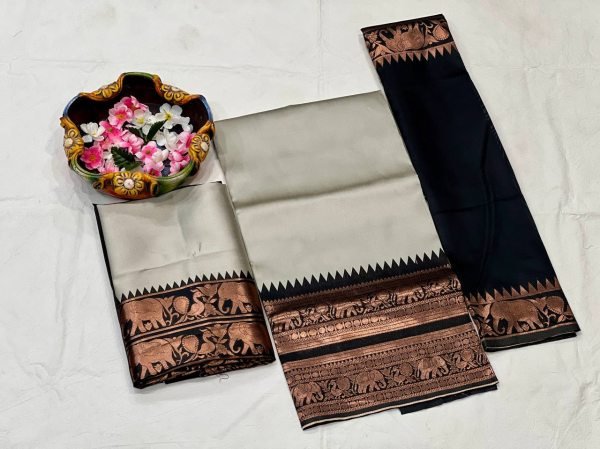 Glamorous Grey Kanjivaram Silk Half Saree Set with Designer Banarasi Dupatta Half Saree Lehenga
