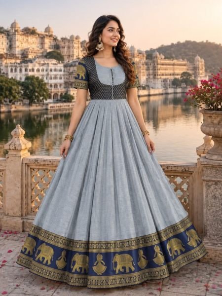 Glamorous Grey Party Wear Chettinad Cotton Anarkali Gown with Heritage Border 