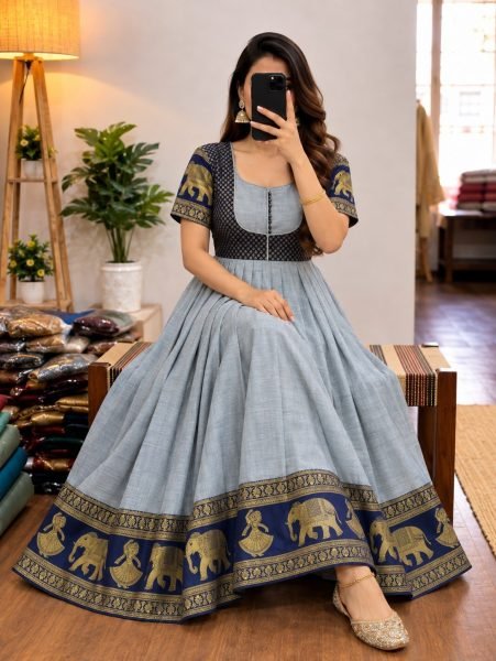 Glamorous Grey Party Wear Chettinad Cotton Anarkali Gown with Heritage Border Anarkali Kurtis 