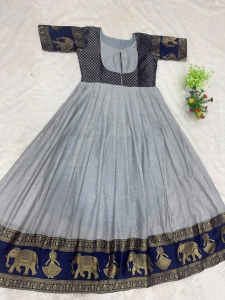 Glamorous Grey Party Wear Chettinad Cotton Anarkali Gown with Heritage Border Anarkali Kurtis 