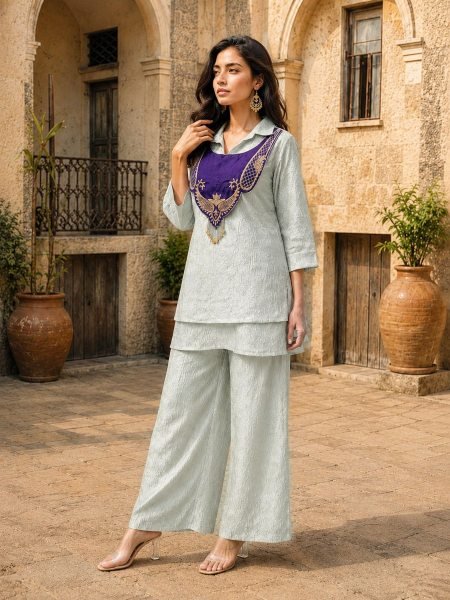Glamorous Grey Party Wear Crunchy Silk Kurti Palazzo Koti Co-Ord Set at Manufacturer Rate