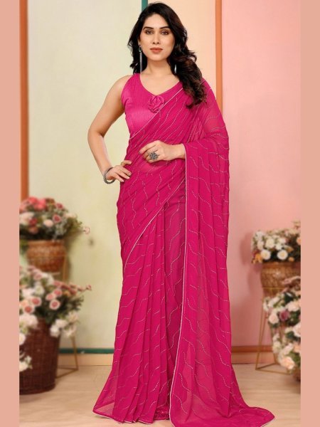 Glamorous Hot Pink Georgette Saree With a Matching Banglori Silk Blouse Designer Wedding Sarees Wholesale