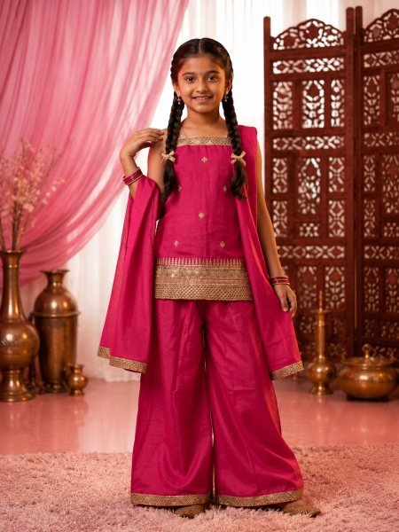 Glamorous Hot Pink Girls Traditional Top Palazzo Set with Embroidered Dupatta Kurtis