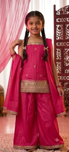 Glamorous Hot Pink Girls Traditional Top Palazzo Set with Embroidered Dupatta Girls Wear