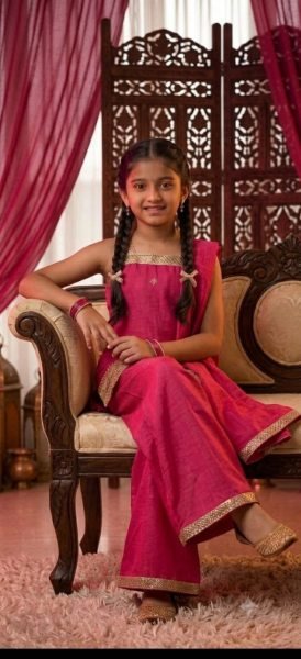 Glamorous Hot Pink Girls Traditional Top Palazzo Set with Embroidered Dupatta Girls Wear