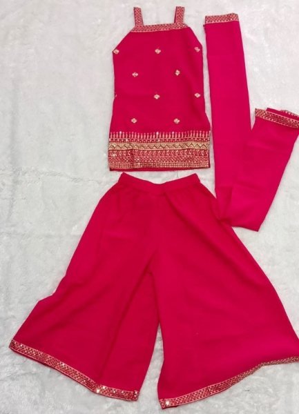 Glamorous Hot Pink Girls Traditional Top Palazzo Set with Embroidered Dupatta Girls Wear
