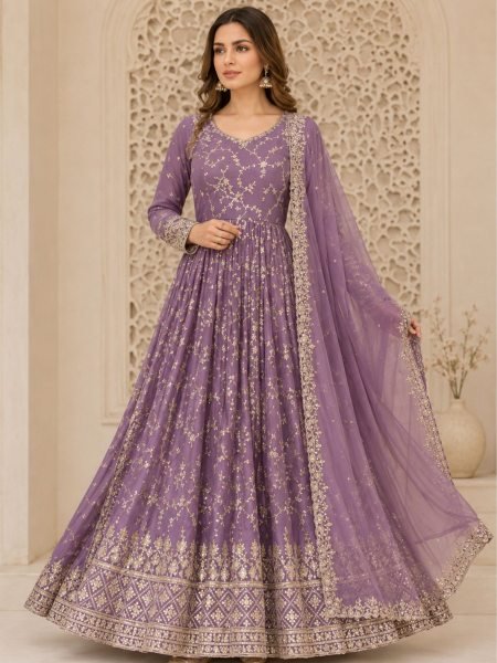 Glamorous Lavender Chinon Anarkali Set With Mirror Work Sleeves And Cut Work Dupatta Ready To Wear Suit
