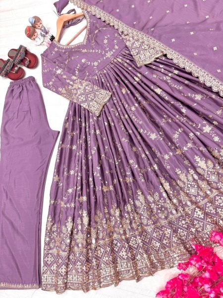 Glamorous Lavender Chinon Anarkali Set With Mirror Work Sleeves And Cut Work Dupatta Ready To Wear Collection