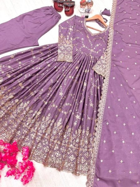Glamorous Lavender Chinon Anarkali Set With Mirror Work Sleeves And Cut Work Dupatta Ready To Wear Collection