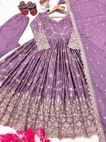 Glamorous Lavender Chinon Anarkali Set With Mirror Work Sleeves And Cut Work Dupatta Ready To Wear Collection