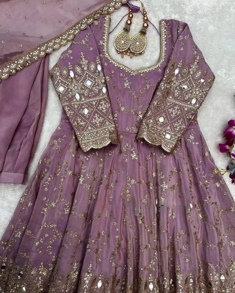Glamorous Lavender Chinon Anarkali Set With Mirror Work Sleeves And Cut Work Dupatta Ready To Wear Collection
