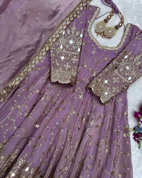 Glamorous Lavender Chinon Anarkali Set With Mirror Work Sleeves And Cut Work Dupatta Ready To Wear Collection