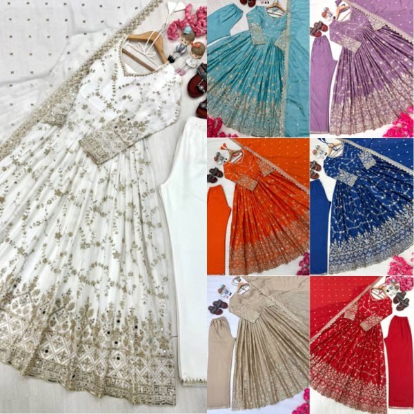 Glamorous Lavender Chinon Anarkali Set With Mirror Work Sleeves And Cut Work Dupatta Ready To Wear Collection