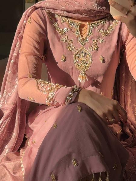 Glamorous Light Coffee Color Partywear Suit With Beads and Sequence Work 2026 Ready To Wear Collection