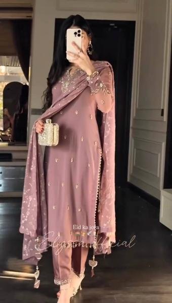 Glamorous Light Coffee Color Partywear Suit With Beads and Sequence Work 2026 Ready To Wear Collection