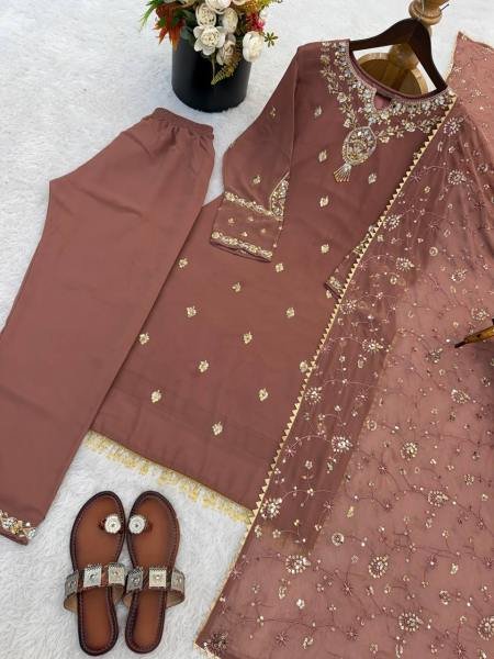 Glamorous Light Coffee Color Partywear Suit With Beads and Sequence Work 2026 Ready To Wear Collection