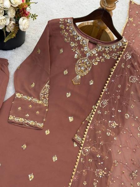 Glamorous Light Coffee Color Partywear Suit With Beads and Sequence Work 2026 Ready To Wear Collection