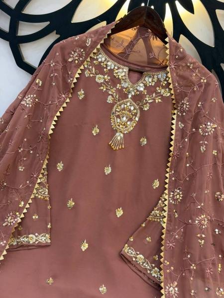 Glamorous Light Coffee Color Partywear Suit With Beads and Sequence Work 2026 Ready To Wear Collection