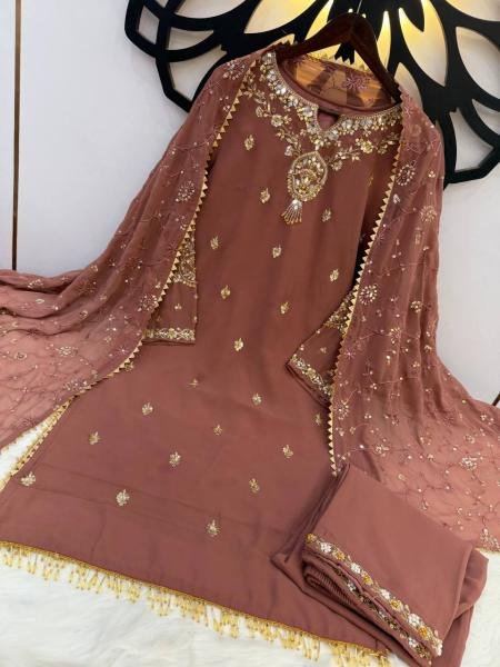 Glamorous Light Coffee Color Partywear Suit With Beads and Sequence Work 2026 Ready To Wear Collection