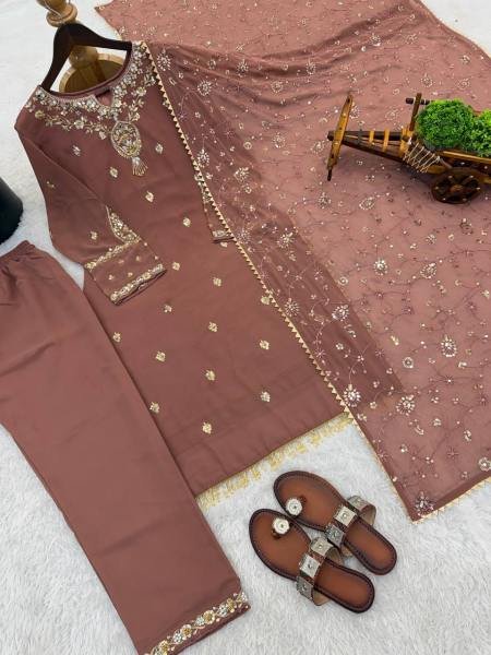 Glamorous Light Coffee Color Partywear Suit With Beads and Sequence Work 2026 Ready To Wear Collection