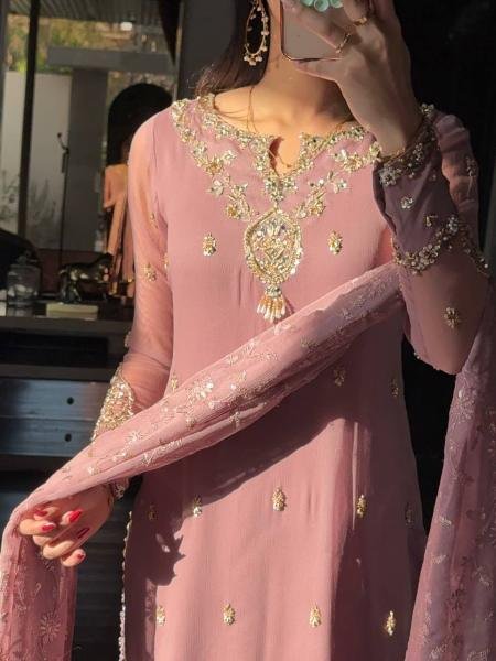 Glamorous Light Coffee Color Partywear Suit With Beads and Sequence Work 2026 Ready To Wear Collection