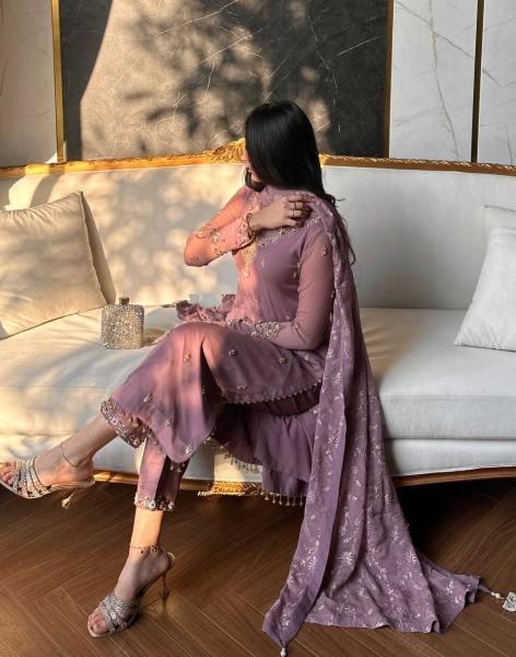 Glamorous Light Coffee Color Partywear Suit With Beads and Sequence Work 2026 Ready To Wear Collection