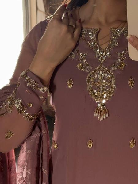 Glamorous Light Coffee Color Partywear Suit With Beads and Sequence Work 2026 Ready To Wear Collection