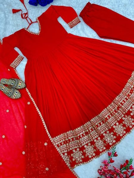Glamorous Look Heavy Faux Georgette Party Wear Gown With Pant And Dupatta  Ready To Wear Collection