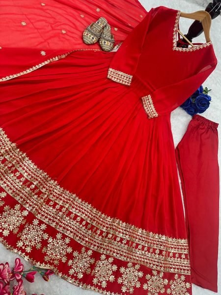 Glamorous Look Heavy Faux Georgette Party Wear Gown With Pant And Dupatta  Ready To Wear Collection