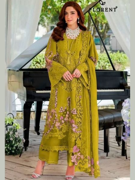 Glamorous Mahendi Green Cotton Suit Material with Heavy Embroidery Detailing Salwar Kameez