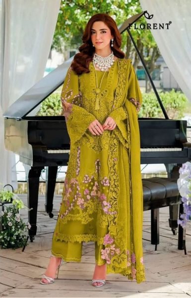 Glamorous Mahendi Green Cotton Suit Material with Heavy Embroidery Detailing Pakistani Suits Wholesale