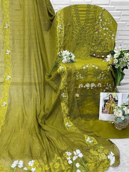 Glamorous Mahendi Green Cotton Suit Material with Heavy Embroidery Detailing Pakistani Suits Wholesale