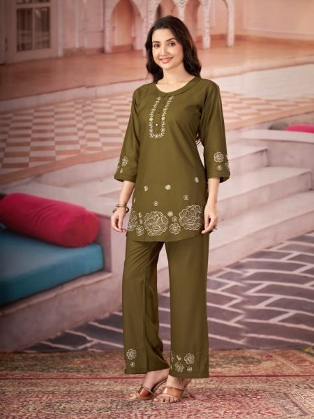 Glamorous Mahendi Green Designer Rayon Co-Ord Set with Embroidery & Hand Work CO ORD Sets