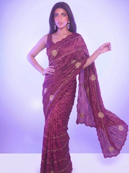 Glamorous Maroon Embellished Georgette Saree for Weddings and Festive Wear Sarees 