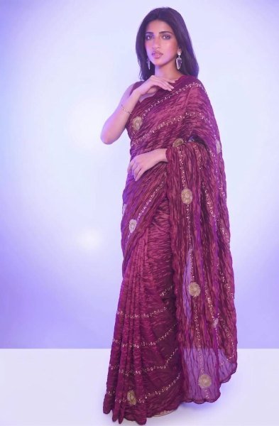 Glamorous Maroon Embellished Georgette Saree for Weddings and Festive Wear Designer Wedding Sarees Wholesale