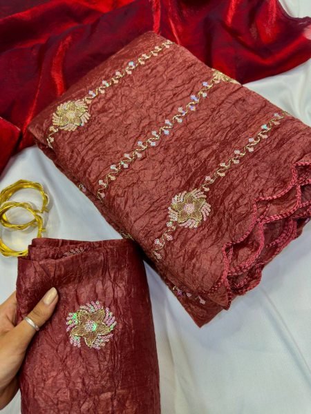 Glamorous Maroon Embellished Georgette Saree for Weddings and Festive Wear Designer Wedding Sarees Wholesale