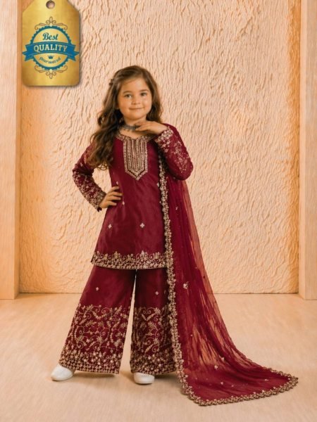 Glamorous Maroon Girls GMY Silk Sharara Suit for Festive and Party Wear Kurtis