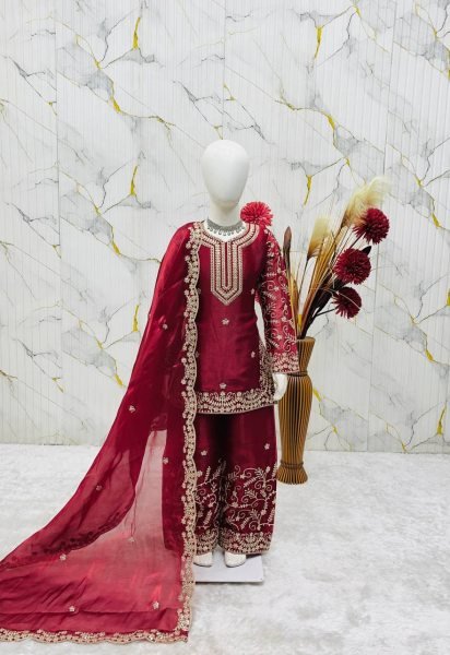 Glamorous Maroon Girls GMY Silk Sharara Suit for Festive and Party Wear Girls Wear
