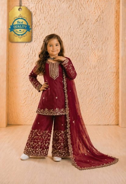 Glamorous Maroon Girls GMY Silk Sharara Suit for Festive and Party Wear Girls Wear
