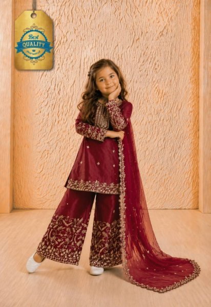 Glamorous Maroon Girls GMY Silk Sharara Suit for Festive and Party Wear Girls Wear
