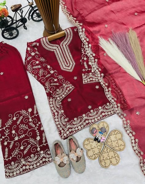 Glamorous Maroon Girls GMY Silk Sharara Suit for Festive and Party Wear Girls Wear