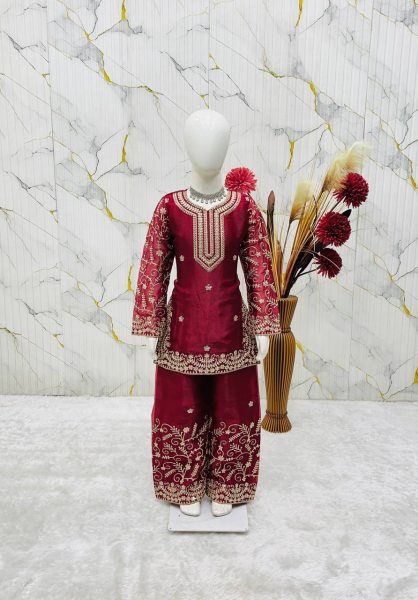Glamorous Maroon Girls GMY Silk Sharara Suit for Festive and Party Wear Girls Wear