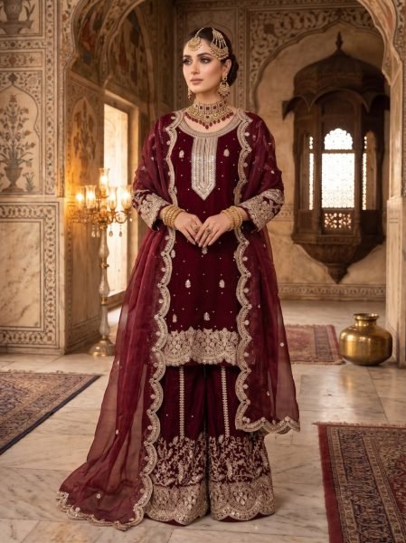 Glamorous Maroon Heavy Fendy Silk Kurti Pant Dupatta Set with All Over Sequins Embroidery Designer Plazzo Salwar Suits Wholesale