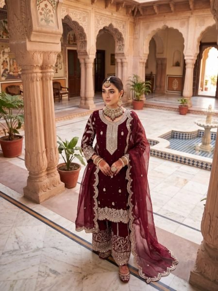 Glamorous Maroon Heavy Fendy Silk Kurti Pant Dupatta Set with All Over Sequins Embroidery Designer Plazzo Salwar Suits Wholesale