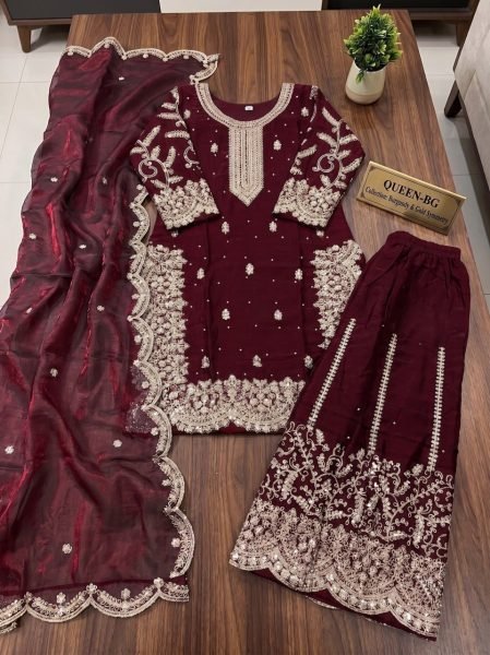 Glamorous Maroon Heavy Fendy Silk Kurti Pant Dupatta Set with All Over Sequins Embroidery Designer Plazzo Salwar Suits Wholesale