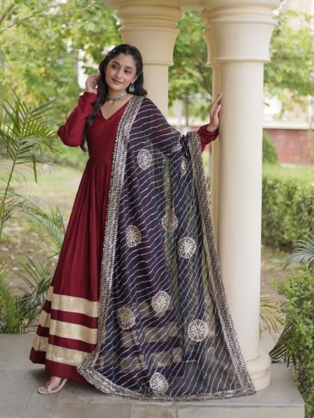 Glamorous Maroon Rayon Gown with Gota Patti and Leheriya Printed Dupatta at Wholesale Rate Ready To Wear Suit