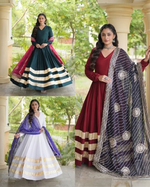 Glamorous Maroon Rayon Gown with Gota Patti and Leheriya Printed Dupatta at Wholesale Rate Ready To Wear Collection