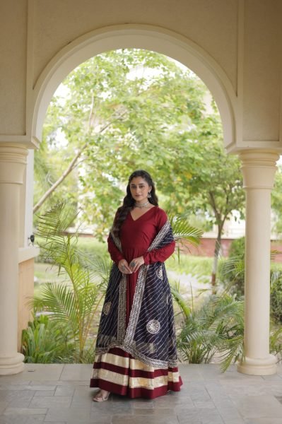 Glamorous Maroon Rayon Gown with Gota Patti and Leheriya Printed Dupatta at Wholesale Rate Ready To Wear Collection